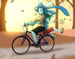 anthro autumn autumn_leaves bicycle bike_ride bottomwear clothing dessert dialogue duo falling_leaves female food footwear forest hoodie ice_cream leaf older_sister older_sister_younger_sister plant shoes shorts topwear tree vehicle younger_sister kaostheory901 sandwich-anomaly nintendo pokemon galia_(sandwich-anomaly) mari_(sandwich-anomaly) eeveelution generation_4_pokemon glaceon lucario pokemon_(species) hi_res sibling_(lore) sister_(lore) sisters_(lore)