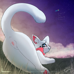 animal_genitalia animal_vulva anus blue_eyes bow_accessory butt celestial_body circle_eyebrows cloud eyebrows eyelashes feline_genitalia feline_vulva female feral fur genitals grass looking_at_viewer looking_back lying nature nature_background pawpads pink_inner_ear pink_nose pink_pawpads pink_vulva planet planet_rings plant presenting presenting_hindquarters raised_tail smile solo standard_galactic_alphabet star tail tuft vulva whiskers white_body white_fur white_sclera white_whiskers sunsol domestic_cat felid feline felis mammal 1:1 absurd_res digital_media_(artwork) hi_res krita_(artwork) shaded