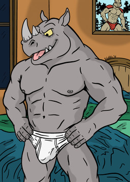 anthro armor bedroom black_text briefs bulge clothing detailed_bulge grey_body grey_horn hand_on_leg hand_on_thigh horn inside male monotone_briefs monotone_clothing monotone_underwear nipples open_mouth painting_(object) solo teeth_showing text tighty_whities underwear white_briefs white_clothing white_underwear yellow_sclera wielder13 wielder13_(artist) teenage_mutant_ninja_turtles rocksteady lagomorph leporid mammal rabbit rhinoceros 2026 hi_res