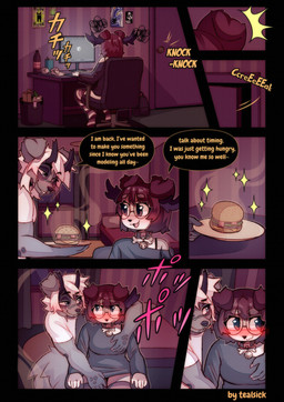 anthro antlers arm_around_shoulders blush breasts brown_body brown_fur burger collar computer_monitor dialogue duo eyewear facial_piercing female floppy_ears food fur glasses hair horn lip_piercing male male/female nose_piercing piercing plate romantic romantic_couple round_glasses smile wearing_glasses white_hair tealsick canid canine canis domestic_dog hybrid mammal absurd_res comic hi_res