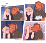 4_panel_comic anthro blonde_hair blush blush_lines border boyfriends brown_body brown_fur canid canine canis chin_tuft clothing collar dialogue domestic_dog duo english_text eyes_closed facial_tuft floppy_ears fur hair half-closed_eyes heart_symbol heresvix hi_res jacket kissing lagomorph leporid male mammal narrowed_eyes rabbit romantic simple_background speech_bubble text topwear tuft white_body white_border white_fur