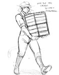 anthro black_eye_(injury) boots bruised clothing crate delivery_(commerce) delivery_employee female food_delivery footwear hat headgear headwear shoes solo text walking hladilnik cat_knight domestic_cat felid feline felis mammal 2021 english_text hi_res monochrome sketch