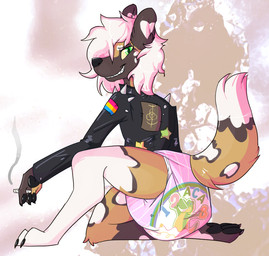 abstract_background alphagatorz_(diaper) alternative_fashion anthro big_diaper brown_background brown_body brown_fur clean_diaper clothed clothing diaper drugs female fur green_eyes grin grinning_at_viewer hair jacket joint joint_in_hand kneeling lgbt_pride marijuana markings on_one_knee pansexual_pride_colors pink_background pride_colors punk purple_background rear_view simple_background smile smiling_at_viewer smoking smoking_marijuana solo spots spotted_body spotted_fur teeth topwear wearing_diaper white_background white_body white_fur white_hair juneberrysprout abuniverse alphagatorz african_wild_dog canid canine mammal