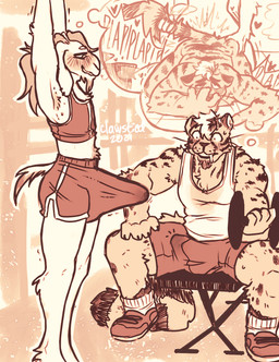 ambiguous_gender anthro armpit_hair arms_above_head athletic_wear big_penis bodily_fluids body_hair bulge clothed clothing duo erection erection_under_clothing exercise fantasizing floppy_ears fluffy fluffy_tail flustered fully_clothed fur genitals hair hyper long_hair male male/male penetration penile penile_penetration penis ponytail public sex smile smirk stretched_clothing stretching stripes sweat tail tail_pull tuft white_body white_fur workout clawstied alvi_(clawstied) kameron_(clawstied) andean_mountain_cat bovid caprine felid feline goat leopard leopardus mammal pantherine hi_res monochrome sketch