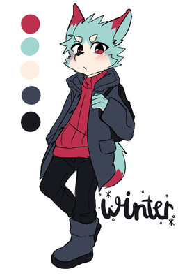 anthro backpack bag blue_body blue_fur blush boots clothing coat color_swatch footwear fur jacket kemono looking_at_viewer male markings red_eyes red_markings shoes simple_background solo sweater text topwear turtleneck white_background winter young young_anthro young_male tarobandit canid canine canis domestic_dog mammal english_text full-length_portrait hi_res portrait