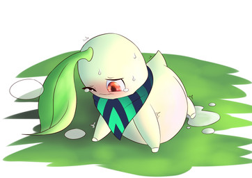 belly big_belly birth clothing female feral pattern_clothing pattern_scarf pregnant pregnant_female scarf striped_clothing striped_scarf stripes underage_pregnancy young young_feral darlondemonic nintendo pokemon pokemon_mystery_dungeon spike_chunsoft chikorita generation_2_pokemon pokemon_(species) absurd_res hi_res