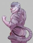 anthro barazoku bulge butt clothing ear_piercing grey_background grin jock jockstrap looking_at_viewer male muscular muscular_anthro muscular_male piercing simple_background smile solo stripes teeth underwear whiskers knuxlight justin_(ieaden) felid mammal pantherine tiger 2016 hi_res