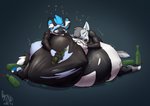 4_fingers 4_toes abdominal_bulge ambiguous_gender ambiguous_prey anthro anthro_pred barefoot belly belly_tuft beverage big_belly biped black_background black_body black_clothing black_ears black_fur black_nose black_pawpads black_suit blue_claws blue_eyebrows blue_eyes blue_hair blue_markings blue_pawpads blush bodily_noises bottle cheek_tuft claws clothed clothing container different_sound_effects dipstick_tail discarded_object dizzy drunk duo extended_sound_effect eyebrows facial_tuft feet finger_claws fingers fluffy fluffy_tail forced front_view fur fur_tuft green_text grey_background grey_body grey_claws grey_eyebrows grey_fur grey_hair grey_text hair half-closed_eyes hand_on_belly hindpaw holding_bottle holding_container holding_object huge_belly hyper hyper_belly inner_ear_fluff latex latex_clothing latex_skinsuit looking_at_another looking_at_own_belly looking_down looking_pleasured looking_up lying male male_pred markings motion_lines mouth_closed multicolored_tail narrowed_eyes number offscreen_character on_front on_ground one_eye_closed onomatopoeia oral_vore pawpads paws rubber_clothing rumbling_stomach same_size_vore satisfied short_hair simple_background skinsuit smile soft_vore sound_effect_variant sound_effects struggling substance_intoxication suit tail tail_markings text three-quarter_view tight_clothing tired toes torn_clothing tuft vore white_body white_fur white_tuft lunlunfox direghost_(character) radar_(thetwfz) african_wild_dog canid canine canis dire_wolf mammal prehistoric_species 2021 dated digital_drawing_(artwork) digital_media_(artwork) hi_res shaded signature