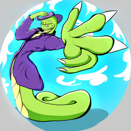 anthro apode clothing female green_body green_scales hat headgear headwear legless purple_clothing purple_hat purple_headwear scales serpentine simple_background solo yellow_body yellow_eyes yellow_scales yellow_sclera tobiasnana melissa_(tobiasnana) draconcopode naga reptile scalie snake 1:1 hi_res