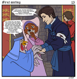 anthro banner beak blood blood_from_wound blue_sash bodily_fluids clothing etiquette female group inside looking_down looking_up male open_beak open_mouth sash smile standing stone_floor stone_wall wall_(structure) white_bandages winged_arms wings wounded sir_paulus disney robin_hood_(disney) lady_kluck maid_marian pavel_(sir_paulus) avian bird canid canine canis chicken fox galliform human mammal phasianid hi_res