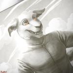 anthro biped brown_eyes clothing cloud detailed_background floppy_ears fur male shirt sky smile solo teeth topwear conditional_dnp ratte commander_keen id_software microsoft alien canid mammal vorticon 1:1 2019 digital_media_(artwork) half-length_portrait monochrome partially_colored portrait sepia signature