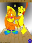 clothing duo footwear fur green_eyes legwear male orange_body orange_fur paws socks tickling yellow_body yellow_fur marquis2007 nintendo pokemon marquis_the_eevee canid canine eevee generation_1_pokemon mammal pikachu pokemon_(species) rodent 3:4