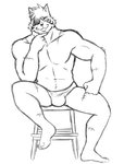 anthro briefs bulge clothing furniture hand_on_chin male muscular muscular_anthro muscular_male scar simple_background sitting solo stool underwear white_background thegreatmatsutzu drakuun dard felid mammal black_and_white monochrome