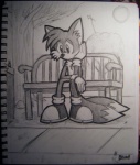 anthro bench big_eyes big_head biped depression lonely male on_bench outside park plant sad sitting solo tail toony tree wood metal_fox117 sega sonic_the_hedgehog_(series) miles_prower canid canine fox mammal greyscale monochrome