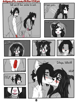 anthro black_hair black_nose clothing dialogue dirty female fur genitals grey_body grey_fur hair kissing nude penis pink_body pink_nose red_penis simple_background solo text white_body white_fur allartskye kia_(allartskye) skye_(allartskye) american_opossum canid canine canis mammal marsupial wolf comic english_text hi_res url