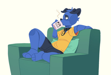 3_toes anthro armchair barefoot black_collar black_nose blue_body blue_eyes blue_fur chair clothing coffee_mug collar container cup drinking feet floppy_ears fur furniture grey_body grey_fur half-closed_eyes holding_container holding_cup holding_mug holding_object male mug narrowed_eyes pillow shirt simple_background sitting solo toes topwear white_background yellow_clothing yellow_shirt yellow_topwear dalueart dalue_(dalueart) canid canine canis domestic_dog mammal 2026 hi_res