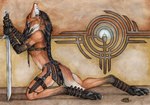 anthro armband biped braided_hair candle claws ear_piercing feet female fur hair holding_melee_weapon holding_object holding_sword holding_weapon kneeling knife leather leg_markings mane mane_hair markings melee_weapon orange_body orange_fur pawpads paws photorealism piercing ponytail side_view socks_(marking) soles solo sword tail toe_claws toes warrior weapon goldenwolf canid canine mammal maned_wolf 2004 detailed traditional_media_(artwork)