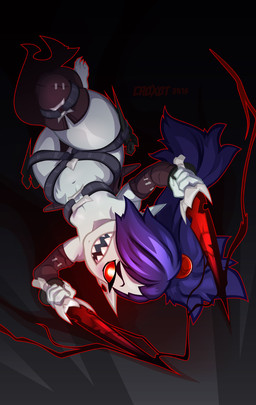 3_toes 4_fingers action_pose armor barefoot breasts dagger feet female fingers hair humanoid_pointy_ears melee_weapon navel notched_ear pointy_ears ponytail pose purple_hair red_eyes sharp_teeth shortstack small_breasts solo teeth toes unconvincing_armor weapon white_body white_skin wide_hips croxot krix_(croxot) goblin humanoid
