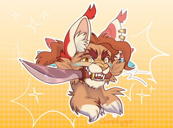 anthro blue_body blue_feathers brown_body brown_fur brown_hair cheek_tuft chest_tuft dagger ear_piercing ear_ring ear_tuft eyebrows facial_scar facial_tuft fangs feathers fluffy fur glistening glistening_eyes gold_(metal) gold_tooth gradient_background grin hair holding_knife holding_melee_weapon holding_object holding_weapon inner_ear_fluff jewelry knife looking_at_viewer male melee_weapon multicolored_body multicolored_feathers multicolored_fur object_in_mouth orange_body orange_fur orange_hair piercing pink_nose red_body red_eyebrows red_fur ring ring_(jewelry) ring_piercing scar simple_background smile smiling_at_viewer solo sparkles teeth thick_eyebrows tuft weapon white_body white_fur white_tuft yellow_background yellow_eyes conhugo domestic_cat felid feline felis mammal bust_portrait headshot_portrait hi_res icon portrait shaded signature