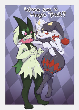 anthro breasts card duo female fur markings simple_background smile tail thick_thighs wide_hips smoothymilk nintendo palworld pocketpair pokemon dupin_(pal) felid feline generation_9_pokemon lagomorph leporid mammal meowscarada pokemon_(species) rabbit digital_media_(artwork) hi_res