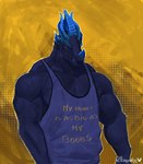 abstract_background anthro barazoku biceps clothed clothing dark_body dark_scales deltoids exposed_teeth horn male muscular muscular_anthro muscular_male pecs scales shirt simple_background smile solo standing tank_top text topwear yellow_background lappan mythology dragon mythological_creature mythological_scalie scalie 2022 digital_media_(artwork) digital_painting_(artwork) english_text half-length_portrait hi_res portrait signature