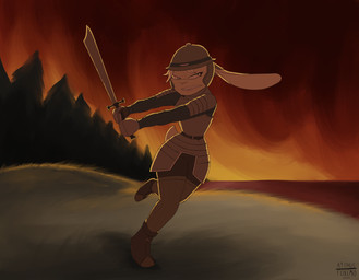 anthro armor boots bottomwear clothing detailed_background female fire footwear forest fur gauntlets gloves gorget grass handwear headgear helmet holding_melee_weapon holding_object holding_sword holding_weapon leather leather_clothing light melee_weapon pants plant plate_armor river shoes solo spaulder sword tail tree weapon white_body white_fur a9ymus tinderkell landylyn_(yitexity) lagomorph leporid mammal rabbit 2024 digital_media_(artwork) hi_res lighting shaded