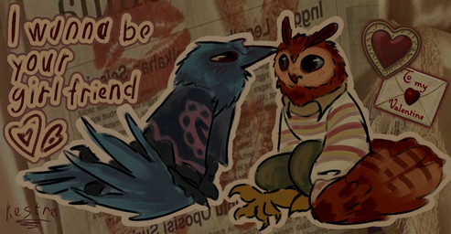4_toes ambiguous_gender anisodactyl anthro avian_feet beak biped black_body black_eyes black_feathers blue_body blue_eyes blue_feathers blush bottomwear brown_body brown_feathers claws clothed clothed_anthro clothing dialogue duo eye_contact feathers feet green_clothing heart_symbol holiday_message holidays letter looking_at_another multicolored_clothing orange_body pants pattern_clothing pattern_topwear photo_background romantic romantic_couple semi-anthro shirt simple_background sitting striped_clothing striped_topwear stripes tail tail_feathers talking_to_another talons text toes topwear wings kestrel_(artist) valentine's_day avian bird corvid corvus_(genus) crow oscine owl passerine 2026 colored digital_drawing_(artwork) digital_media_(artwork) english_text mixed_media photography_(artwork) signature