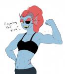 abs biceps blue_body blue_skin clothed clothing eye_patch eyewear female flexing hair long_hair midriff mohawk muscular muscular_female open_mouth ponytail red_hair sharp_teeth simple_background smile solo teeth text white_background haaru undertale undertale_(series) undyne animal_humanoid fish fish_humanoid humanoid marine marine_humanoid colored