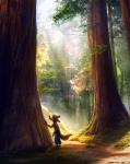 anthro barefoot brown_body brown_fur clothed clothing detailed_background feet forest fully_clothed fur huge_tree light plant redwood_tree smile solo standing sunlight thick_tree tree jacato canid canine fox mammal 2020 hi_res lighting