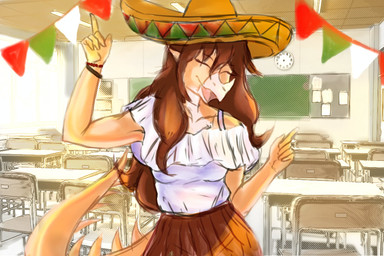 anthro bra_strap bracelet brown_hair classroom clothing detailed_background dress eyes_closed female fingers hair hat headgear headwear inside jewelry long_hair long_tail multicolored_body multicolored_scales orange_body orange_scales scales school snout solo sombrero spikes spikes_(anatomy) tail tan_body tan_scales two_tone_body two_tone_scales dark_rya cavemanon_studios goodbye_volcano_high ko_op_(game_developer) snoot_game rosa_(gvh) aquilops ceratopsian dinosaur marginocephalian ornithischian prehistoric_species reptile scalie 2023 digital_drawing_(artwork) digital_media_(artwork) hi_res