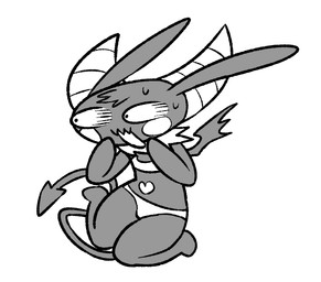 2_horns anthro belly belly_markings black_body black_ears black_fur black_tail black_tuft black_wings bodily_fluids bra cheek_markings circle_(marking) clothing facial_markings featureless_feet featureless_hands feet female female_anthro floppy_ears fur head_markings heart_(marking) horn long_ears looking_aside lop_ears markings membrane_(anatomy) membranous_wings open_mouth panties pupils simple_background small_pupils small_wings solo spade_tail sweat tail tuft underwear white_background white_bra white_cheeks white_clothing white_horn white_markings white_panties white_underwear wings o-den bibi_(o-den) demon succubus 2026 digital_media_(artwork) monochrome