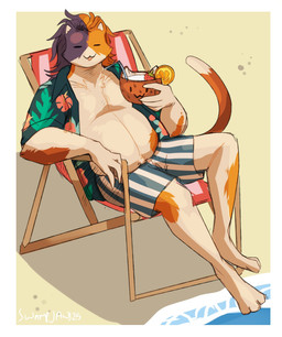 anthro belly big_belly bottomwear cheek_tuft clothed clothing facial_tuft fur grey_hair hair male multicolored_hair open_clothing open_topwear orange_body orange_fur orange_hair overweight overweight_anthro overweight_male pattern_bottomwear pattern_clothing sitting solo striped_bottomwear striped_clothing stripes tan_body tan_fur topwear tuft two_tone_hair swampjaws epic_games fortnite meowscles purradise_meowscles calico_cat domestic_cat felid feline felis mammal 2025 dated hi_res signature