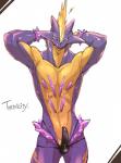 bodily_fluids clothed clothing erection erection_under_clothing front_view genital_fluids genitals hands_behind_head male penis precum purple_body solo tapering_penis tongue topless underwear underwear_only wet wet_clothing wet_underwear yellow_body sasamix nintendo pokemon amped_toxtricity generation_8_pokemon pokemon_(species) toxtricity portrait three-quarter_portrait