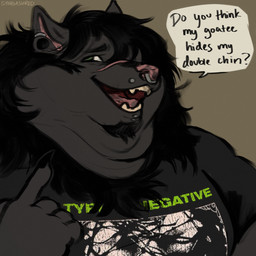 anthro asking_another black_body black_fur black_hair chubby_cheeks claws clothed clothing dialogue double_chin ear_piercing ear_ring facial_hair facial_piercing facial_scar fur gauged_ear gesture goatee hair hand_gesture lip_piercing looking_aside male moobs multiple_piercings nervous nervous_smile nose_piercing nose_ring obese obese_anthro obese_male open_mouth open_smile overweight overweight_anthro overweight_male piercing pointing pointing_at_self question ring_piercing scar septum_piercing septum_ring smile snout snout_scar solo speech_bubble teeth text tongue trianglebite_piercing vertical_labret_piercing smorgasgored canid canine canis mammal wolf 1:1 artist_name english_text hi_res