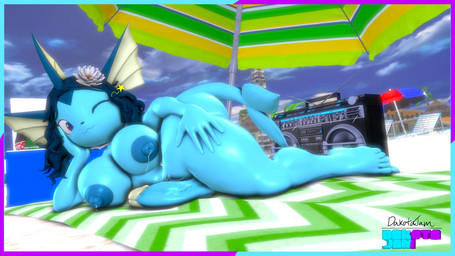 anthro beach beach_chair beach_towel beach_umbrella beverage beverage_bottle big_butt bodily_fluids boombox bottle breasts butt cat_smile container cooler genitals glistening glistening_arms glistening_body glistening_breasts glistening_genitalia glistening_legs glistening_penis glistening_skin glistening_thighs gynomorph hand_on_leg hand_on_thigh intersex lactating looking_at_viewer medium_breasts one_eye_closed palm_tree parasol penis plant soda soda_bottle solo star_symbol thick_thighs throbbing throbbing_penis towel tree wink winking_at_viewer dj_ballistic5 nintendo pokemon ria_(tcflsfm) eeveelution generation_1_pokemon pokemon_(species) vaporeon 16:9 3d_(artwork) digital_media_(artwork) hi_res widescreen