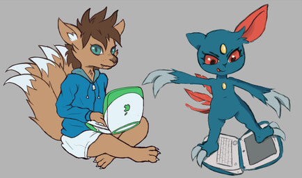 2_fingers 2_toes 3_toes 5_tails ambiguous_gender anthro barefoot biped blue_body blue_clothing blue_eyes blue_fur blue_jacket blue_topwear bottomwear brown_body brown_fur brown_hair brown_nose chest_gem claws clothed clothing computer crossed_legs cute_fangs dipstick_tail duo electronics eyelashes fangs feathers feet finger_claws fingers forehead_gem fur gem hair head_feathers jacket laptop markings multi_tail nude pants plantigrade red_eyes sitting standing_on_object tail tail_feathers tail_markings tail_tuft teeth toe_claws toes tongue tongue_out topwear tuft white_body white_bottomwear white_clothing white_fur white_pants rinidisc apple_inc. ibook_g3 nintendo pokemon shoal_(shoalfox) canid canine fox generation_2_pokemon mammal pokemon_(species) sneasel digital_drawing_(artwork) digital_media_(artwork) hi_res nonbinary_(lore)