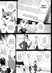 anthro clothing dialogue female fur male text uniform namagakiokami disney zootopia finnick_(zootopia) judy_hopps nick_wilde canid canine fennec_fox fox lagomorph leporid mammal rabbit red_fox true_fox comic english_text hi_res monochrome