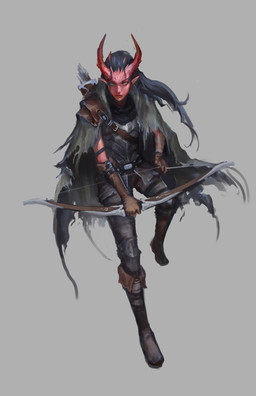 armor black_hair boots bow_(weapon) breastplate cape clothing female footwear grey_background hair holding_bow_(weapon) holding_object holding_ranged_weapon holding_weapon horn humanoid_pointy_ears not_furry pauldron pointy_ears quiver_(object) ranged_weapon red_body shoes simple_background solo weapon yellow_eyes jeffchendesigns salt_in_wounds humanoid tiefling 2018 absurd_res digital_media_(artwork) hi_res