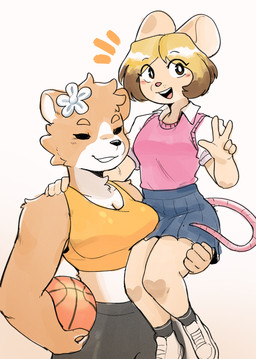 5_fingers accessory anthro ball basketball_(ball) blonde_hair blue_bottomwear blue_clothing blue_skirt bottomwear breasts carrying_another cleavage clothed clothed_anthro clothed_female clothing countershade_fur countershading duo emanata eye_through_hair eyebrows female female/female female_anthro fingers flower flower_in_hair footwear fur hair hair_accessory holding_another holding_basketball light_body light_fur midriff open_mouth open_smile pink_clothing pink_nose pink_tail pink_topwear pink_vest plant shirt shoes simple_background size_difference skirt sleeveless_shirt smile socks sweater sweater_vest tail tan_body tan_fur thin_eyebrows topwear translucent translucent_hair vest white_background white_body white_clothing white_countershading white_shirt white_topwear yellow_clothing yellow_shirt yellow_topwear conditional_dnp sonokido ventura_city_drifters ivy_fowler kyoko_ando canid canine canis domestic_dog mammal mouse murid murine rodent shiba_inu spitz 2024 digital_drawing_(artwork) digital_media_(artwork) hi_res