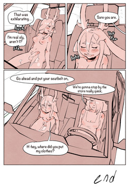 after_masturbation anthro antlers balls blush bodily_fluids breasts car choker choker_only clothed clothed/nude clothing cum dialogue duo exhibitionism genital_fluids genitals gynomorph hair half-erect headpat horn inside_car inside_vehicle intersex jewelry necklace necklace_only nipples nude onomatopoeia penis petting smile sound_effects speech_bubble text topwear vehicle ombwie carrie_(ombwie) val_(ombwie) canid canine deer mammal 2:3 comic digital_media_(artwork) english_text hi_res
