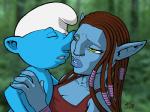 blue_body breasts brown_hair clothing duo female hair hat headgear headwear humanoid_pointy_ears imminent_kiss interspecies kissing lips male male/female not_furry phrygian_cap pointy_ears thick_lips drawerofdrawings james_cameron's_avatar the_smurfs alien alien_humanoid humanoid na'vi smurf 2009 4:3 crossover digital_drawing_(artwork) digital_media_(artwork)