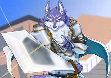 5_fingers action_pose anthro armor breastplate clothed clothed_anthro clothed_male clothing eyebrows fingers fur humanoid_hands inner_ear_fluff male paldrons pose purple_body purple_fur purple_tail solo tail thick_eyebrows tuft jelly_men knights_college bayfleet_grayoar canid canine canis mammal wolf absurd_res hi_res