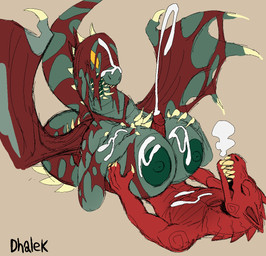 anthro big_breasts bodily_fluids breast_play breasts claws cum cum_on_breasts cum_on_face cum_on_self cumshot duo ejaculation erection female genital_fluids genitals huge_breasts lying male male/female membrane_(anatomy) membranous_wings nipples nude on_back open_mouth penile penis red_body sex sharp_teeth simple_background size_difference spikes spikes_(anatomy) tail teeth titfuck wings dhalek capcom monster_hunter mythology dragon elder_dragon fanged_wyvern mythological_creature mythological_scalie odogaron scalie vaal_hazak digital_media_(artwork)