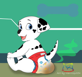 ageplay anthro bodily_fluids clothed clothing diaper feces genital_fluids infantilism male roleplay scatplay smelly soiled_diaper soiling solo stink_fumes stink_lines unclean_diaper urine used_diaper wearing_diaper wet_diaper wetting wetting_diaper young young_anthro marvispot84 nickelodeon paw_patrol marshall_(paw_patrol) canid canine canis dalmatian domestic_dog mammal 2022 absurd_res hi_res monochrome