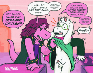anthro anthro_on_anthro armband assisted_exposure balls bicurious blush bracelet bully bullying clothed clothing clothing_lift dialogue duo erection explicitly_stated_nonconsent exposed eyewear female fur gay_to_straight genitals glasses horn humanoid_genitalia humanoid_penis humiliation imminent_rape imminent_sex interspecies jewelry lesbian_pride_colors lgbt_pride male male/female orange_lesbian_pride_colors orientation_play penis penis_humiliation pride_colors scarf shirt small_penis small_penis_humiliation spiked_armband spiked_bracelet spikes tail teasing text topwear treating_arousal_like_consent tunic undressing unwanted_erection unwanted_exposure wearing_glasses white_body white_fur dovedog deltarune undertale_(series) ralsei susie_(deltarune) bovid caprine darkner lightner mammal reptile scalie digital_drawing_(artwork) digital_media_(artwork) english_description english_text