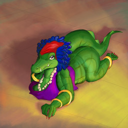 anthro big_breasts big_butt big_tail blue_hair bottomless bracelet breasts butt chin_in_hand clothed clothing colored_nails eyelashes female gem glistening_eyelids gold_(metal) gold_bracelet gold_jewelry hair headscarf high-angle_view huge_butt huge_tail jewelry looking_at_viewer lying maroon_eyes nails necklace no_bra on_front overweight overweight_anthro overweight_female pearl_(gem) pearl_necklace purple_clothing purple_shirt purple_tank_top purple_topwear red_nails scales sharp_nails sharp_teeth shirt solo tail tank_top teeth three-quarter_view topwear warm_lighting heelipmo sly_cooper_(series) sony_corporation sony_interactive_entertainment sucker_punch_productions mz._ruby alligator alligatorid crocodilian reptile scalie 1:1 absurd_res colored digital_media_(artwork) digital_painting_(artwork) hi_res painting_(artwork) shaded
