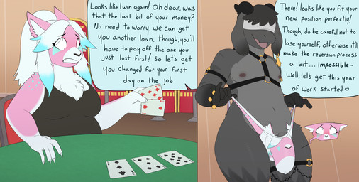 accessory anthro bangs bar_stool barely_visible_genitalia barely_visible_penis before_and_after black_clothing black_hair black_horn black_lipstick black_nose black_shirt black_tank_top black_topwear blindfold blue_highlights blush bracelet bulge card casino chain_jewelry chest_tuft claws clothing clothing_pull clothing_transformation cross cutaway debt detailed_bulge dialogue dominant dominant_femboy dominant_male duo ear_piercing ear_ring expression_cutaway eye_markings eye_through_hair female femboy fur furniture gambling garter genitals grey_body hair harness highlights_(coloring) hip_tuft horn inner_ear_fluff inverted_cross jewelry jockstrap jockstrap_transformation josou_seme lipstick living_underwear lost_bet makeup male male/female markings multicolored_body navel nipple_piercing nipples parted_bangs paying_off_debt penis piercing pink_body pink_clothing pink_fur pink_jockstrap pink_underwear ponytail ring_piercing scared shirt slightly_chubby star_(marking) stool studded_bracelet studded_jewelry studs submissive submissive_female tank_top text text_with_heart thick_penis thick_thighs tight_underwear topwear transformation translucent translucent_hair tuft two_panel_image two_tone_body underwear underwear_pull underwear_transformation wearing_clothing_character white_blindfold white_claws white_hair white_hands white_inner_ear_fluff wide_hips worried fauvfox animate_inanimate bovid canid canine canis caprine coyote goat living_clothing mammal english_text hi_res