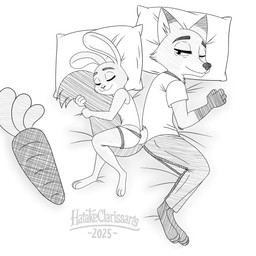 anthro carrot confuse duo female food male male/female pillow plant sleeping tail vegetable hatakeclarissarts disney inktober zootopia judy_hopps nick_wilde canid canine european_rabbit fox lagomorph leporid mammal oryctolagus rabbit red_fox true_fox 1:1 monochrome