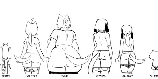 ahoge ambiguous_gender anthro big_breasts big_butt bottomwear bottomwear_down breasts butt butt_focus butt_size_difference clothed clothing comparison female feral group hair huge_butt lineup markings mature_female mole_(marking) mooning panties panties_down pants pants_down partially_clothed rear_view shaking shirt shivering skinny text thick_thighs thong topwear trembling underwear underwear_down wide_hips noill jasmine_(noill) ms._becky_(noill) rose_(gats) winter_(gats) canid canine canis domestic_cat domestic_dog felid feline felis mammal black_and_white english_text hi_res monochrome