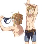 belt blonde_hair blue_eyes bulge clothing ear_piercing ear_ring hair humanoid_pointy_ears light_body light_skin male muscular muscular_humanoid muscular_male not_furry piercing pointy_ears ponytail ring_piercing simple_background solo stretching surprised_expression thong underwear monbetsu_kuniharu nintendo the_legend_of_zelda link elf humanoid hylian 1:1 2023